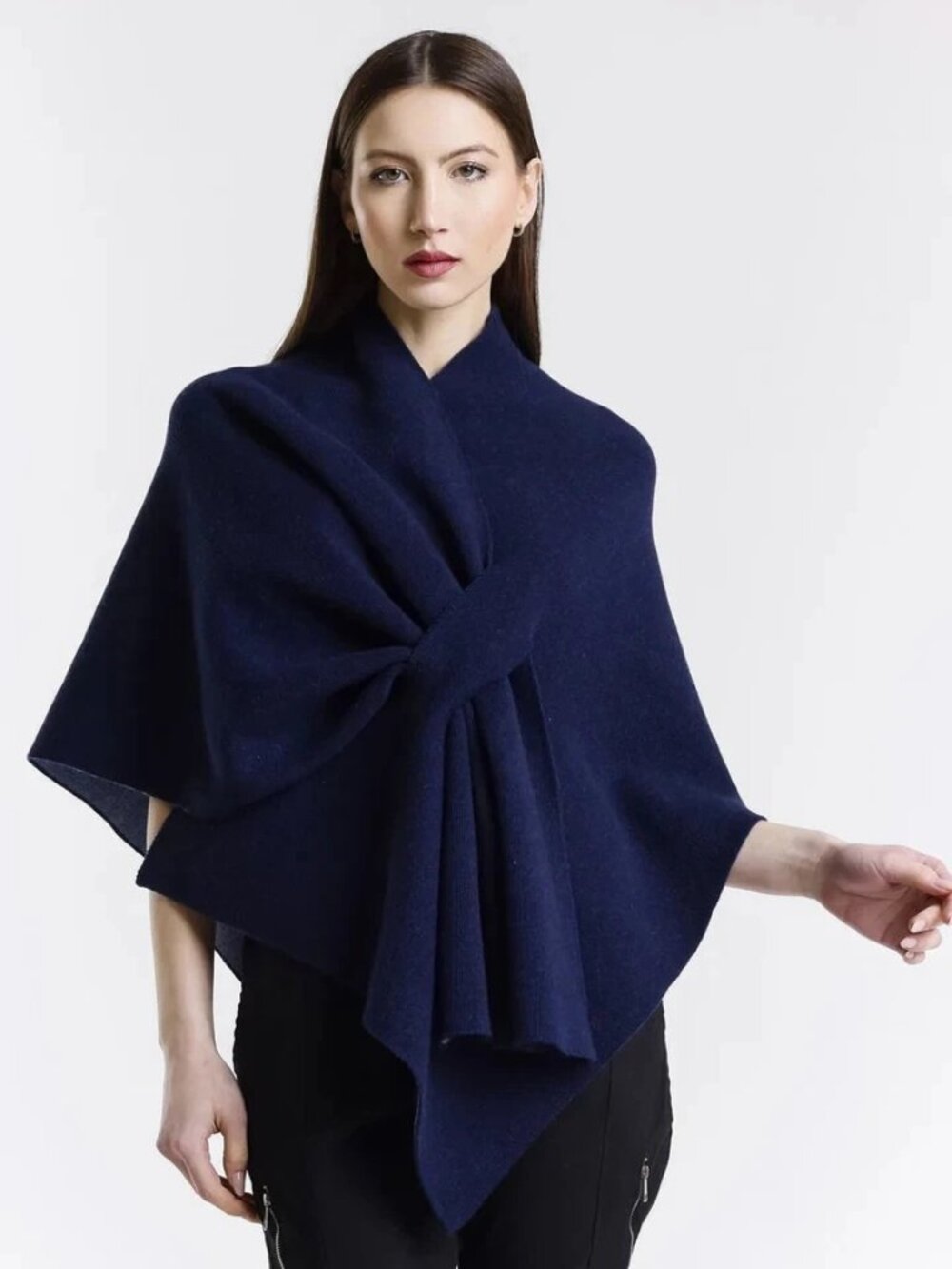 Tina Stephens Ellen Merino Cashmere Reversible Wrap w/ Loop Navy/Cornflower NWT